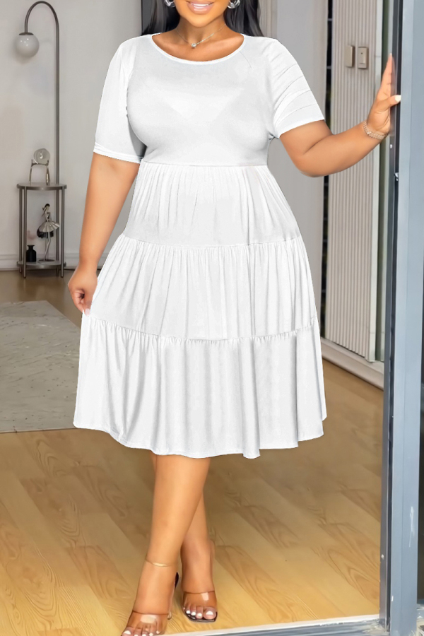 White O Neck Short Sleeve A Line Casual Outing Vacation Loose Plus Size Pleated T Shirt Midi Dress