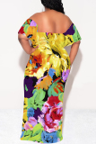 Apricot Fruit Floral Print Off Shoulder Flutter Sleeve Long Loose Vacation Plus Size Maxi Dresses