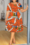 Red Green Colorblock Chain print O Neck Short Sleeve A Line Casual Outing Vacation Straight Loose Plus Size T Shirt Midi Dress