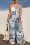 Dark Blue Faux Denim Print Lace Up Sleeveless Backless Loose Straight Leg Halter Jumpsuits
