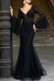 Elegant Formal Solid Embroidered V Neck Evening Dresses