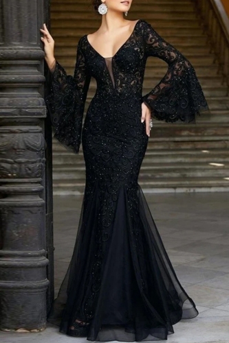 Elegant Formal Solid Embroidered V Neck Evening Dresses