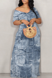Dark Grey Faux Denim Print Off Shoulder Short Sleeve Loose Fit Vacation Maxi Dress