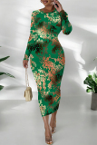 Blue Bronzing Pattern Geometric Print O Neck Long Sleeve Casual Outing Bodycon Midi Dresses