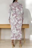 Rose Red Gradient Flowers Print O Neck Long Sleeve Ankle Length Causal Outing Bodycon Maxi Dress