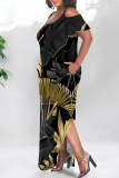 Black Floral Print Backless Cold Shoulder Short Sleeve O Neck Side Slit Irregular Hem Pocket Vacation Plus Size Maxi Dresses