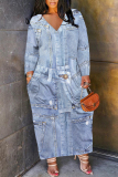 Denim Blue Faux Denim Print V Neck Long Sleeve Pokcets Vacation Loose Straight Fall Winter Maxi Dress