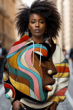 Multicolor African Figure Print Long Sleeve Draw String Street Fall Winter Hooded Sweatshirt