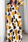 Red Blue Geometry Print Long Sleeve O Neck Floor Length Loose Vacation Baggy Maxi T Shirt Dress