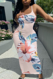 White Casual Graphics Print Sleeveless Backless Spaghetti Strap Long Bodycon Maxi Slip Dress