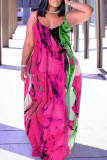 Red Graphics Print Sleeveless Backless Floor Length Casual Outing Straight Loose Floral Maxi Slip Dress