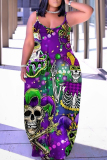 Light Purple Graphics Print Sleeveless Backless Floor Length Casual Outing Straight Loose Floral Maxi Slip Dress