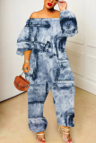 Blue Faux Denim Print Off Shoulder Long Sleeve Casual Vacation Harem Leg Jumpsuits