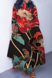 Multicolor Graphics Print O Neck 3/4 Sleeve Strap Design Belted Floor Length Plus Size Vacation Loose A Line Maxi Dress