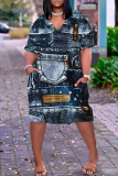 White Purple Casual Love Print V Neck Short Sleeve Loose Pockets Midi T-Shirt Dress