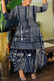 Navy Blue Casual Faux Denim Print O Neck 3/4 Sleeve Belted Long Pleated Maxi Dresses