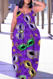 Light Purple Graphics Print Sleeveless Backless Floor Length Casual Outing Straight Loose Floral Maxi Slip Dress