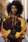 Multicolor African Figure Print Long Sleeve Draw String Street Fall Winter Hooded Sweatshirt