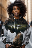 Multicolor African Figure Print Long Sleeve Draw String Street Fall Winter Hooded Sweatshirt