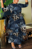 Navy Blue Casual Faux Denim Print O Neck 3/4 Sleeve Belted Long Pleated Maxi Dresses