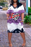White Purple Casual Love Print V Neck Short Sleeve Loose Pockets Midi T-Shirt Dress