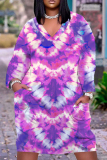 Red Love Print Deep V Neck Long Sleeve Pocket Casual Outing Straight Loose Fit Tunic Plus Size Midi Dress