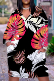 Green Leaf Print V Neck Long Sleeve Knee Length Casual Outing Plus Size Straight Loose T Shirt Midi Dresses