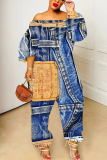Blue Faux Denim Print Off Shoulder Long Sleeve Casual Vacation Harem Leg Jumpsuits