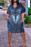 Blue Graphic Print V Neck Short Sleeve Knee Length Casual Outing Plus Size Straight Loose T Shirt Midi Dresses