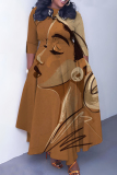 Multicolor Graphics Print O Neck 3/4 Sleeve Strap Design Belted Floor Length Plus Size Vacation Loose A Line Maxi Dress