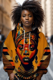 Multicolor African Figure Print Long Sleeve Draw String Street Fall Winter Hooded Sweatshirt