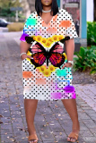 White Purple Casual Love Print V Neck Short Sleeve Loose Pockets Midi T-Shirt Dress