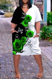 White Purple Casual Love Print V Neck Short Sleeve Loose Pockets Midi T-Shirt Dress