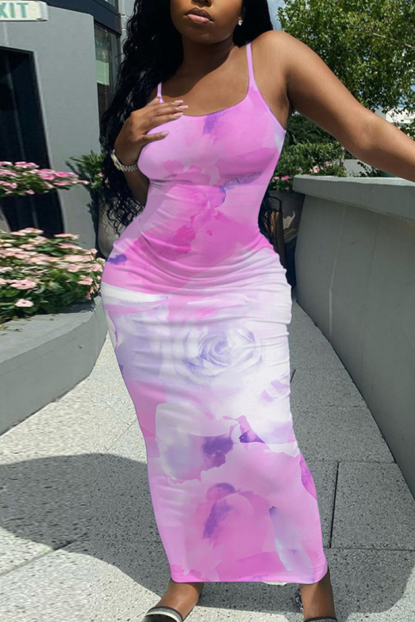 White Casual Graphics Print Sleeveless Backless Spaghetti Strap Long Bodycon Maxi Slip Dress
