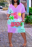 Gray Blue Casual Graphics Print V Neck Short Sleeve Loose Pockets Midi T-Shirt Dress