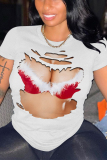 White Brown Graphics Print O Neck Short Sleeve Casual Plus Size T Shirts