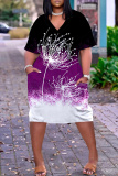 White Purple Casual Love Print V Neck Short Sleeve Loose Pockets Midi T-Shirt Dress