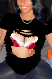 Black Red Graphics Print O Neck Short Sleeve Casual Slim Plus Size Fitted T-Shirts