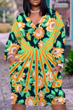 Green Leaf Print V Neck Long Sleeve Knee Length Casual Outing Plus Size Straight Loose T Shirt Midi Dresses