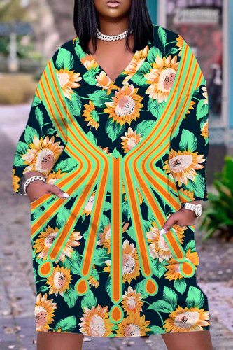 Green Leaf Print V Neck Long Sleeve Knee Length Casual Outing Plus Size Straight Loose T Shirt Midi Dresses