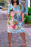 Gray Blue Casual Graphics Print V Neck Short Sleeve Loose Pockets Midi T-Shirt Dress