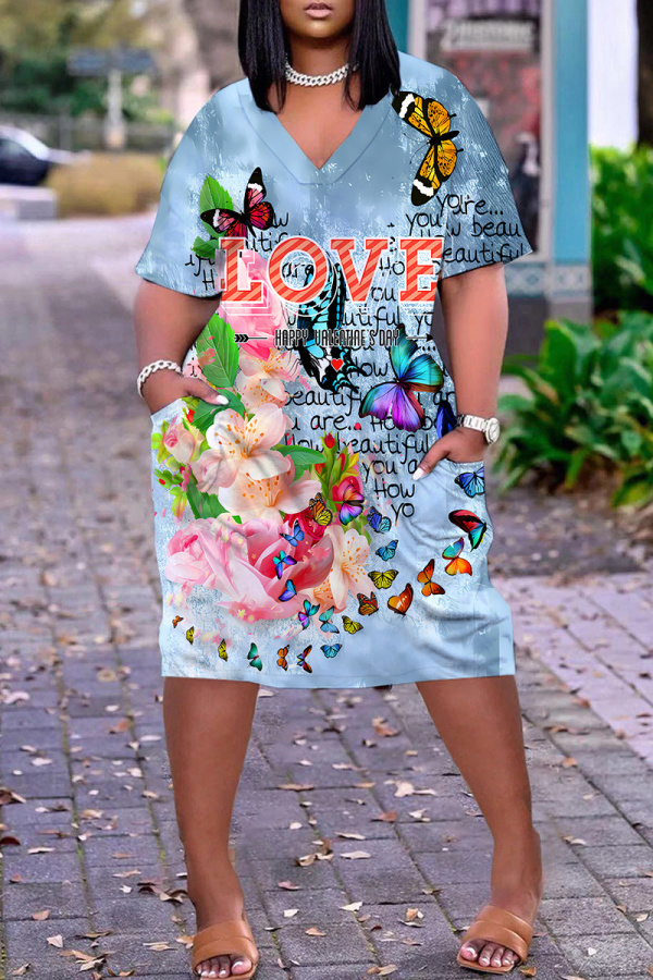 Gray Blue Casual Graphics Print V Neck Short Sleeve Loose Pockets Midi T-Shirt Dress