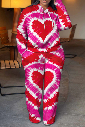 Red Tie Dye Love Print Long Sleeve Hooded Sweatshirt And Pants Sportwear Casual Two Pieces Jogger Sets