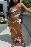 Multicolor Casual Floral Print Sleeveless Backless Spaghetti Strap Long Bodycon Maxi Slip Dress