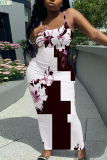 White Casual Graphics Print Sleeveless Backless Spaghetti Strap Long Bodycon Maxi Slip Dress