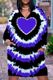 Red Love Print Deep V Neck Long Sleeve Pocket Casual Outing Straight Loose Fit Tunic Plus Size Midi Dress