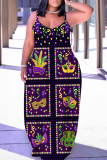 Purple Graphics Print Sleeveless Backless Floor Length Casual Outing Straight Loose Floral Maxi Slip Dress