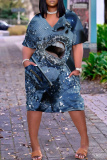 Blue Graphic Print V Neck Short Sleeve Knee Length Casual Outing Plus Size Straight Loose T Shirt Midi Dresses