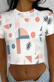 Milky Geometry Print O Neck Short Sleeve Casual Crop T-Shirts