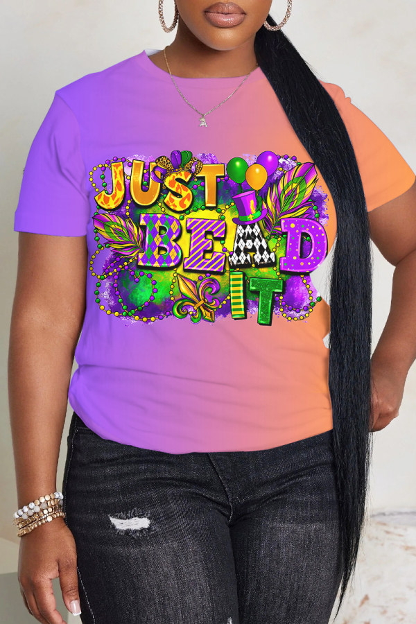 Purple Orange Graphics Print O Neck Short Sleeve Casual Oversize T-Shirts